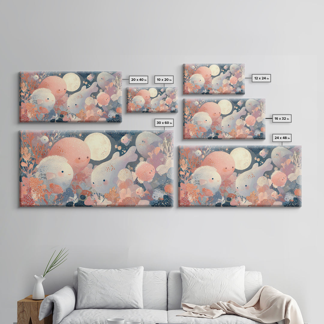 Friendly Ocean Creatures Framed Canvas Print, Nursery Art, Playroom Decor, Nursery Decor, Fine Art, Nursery, Kids Room Wall Art, NUR-2x1-92