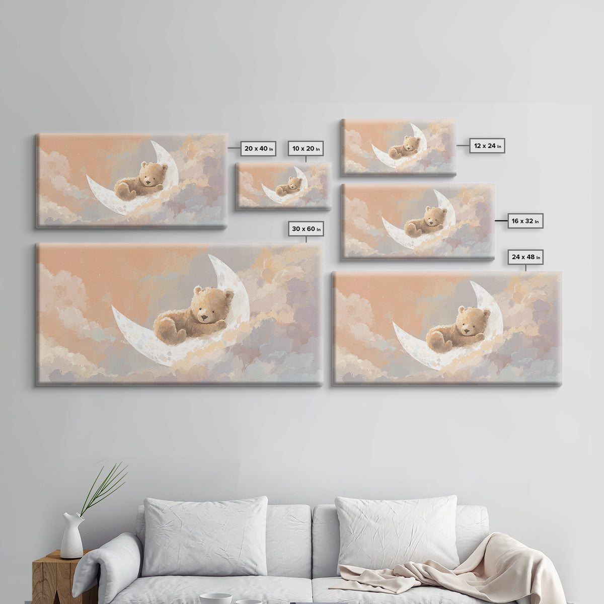 Baby Bear Floating on a Crescent Moon Canvas Print, Nursery Art, Printable Wall Art, Nursery Decor, Watercolor Art, Nursery, NUR-2x1-98