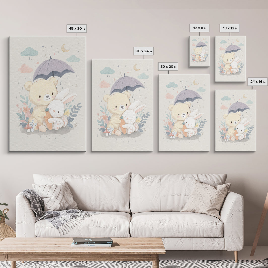 Bear and Rabbit Sharing Umbrella Framed Canvas Print, Nursery Art, Wall Art, Nursery Decor, Fine Art, Nursery, Nursery Prints, NUR-2x3-1