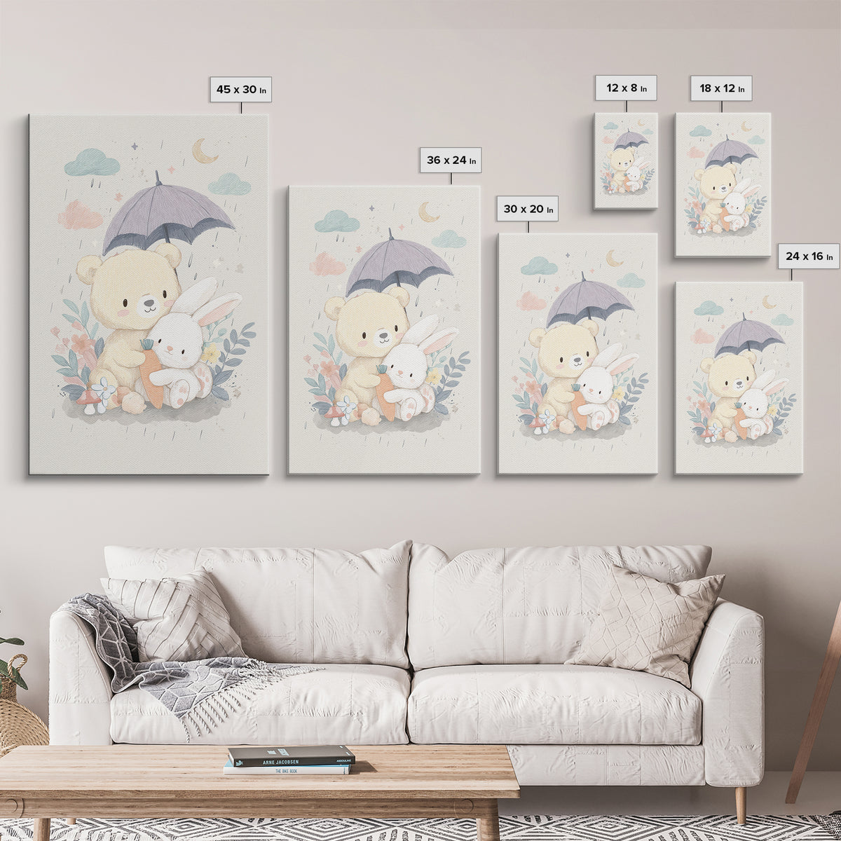 Bear and Rabbit Sharing Umbrella Framed Canvas Print, Nursery Art, Wall Art, Nursery Decor, Fine Art, Nursery, Nursery Prints, NUR-2x3-1