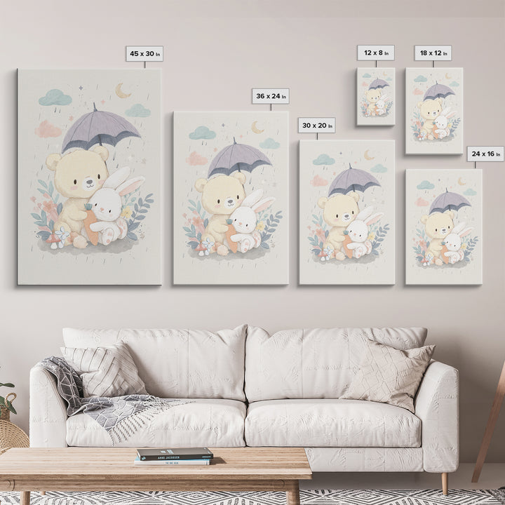 Bear and Rabbit Sharing Umbrella Framed Canvas Print, Nursery Art, Wall Art, Nursery Decor, Fine Art, Nursery, Nursery Prints, NUR-2x3-1