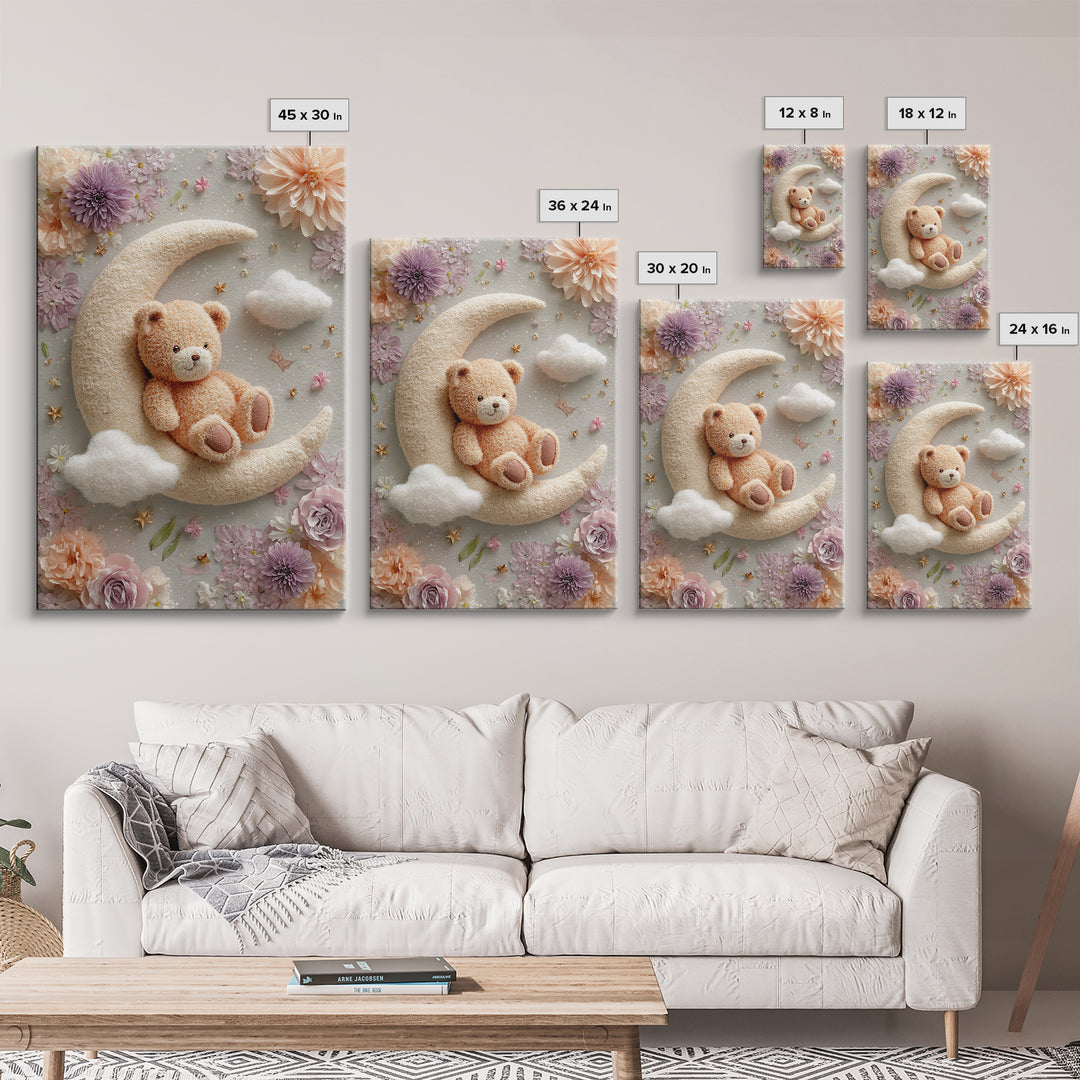 Baby Bear Floating on a Crescent Moon Canvas Print, Nursery Art, Luxury Decor, Nursery Decor, Oil Painting, Nursery, NUR-2x3-14