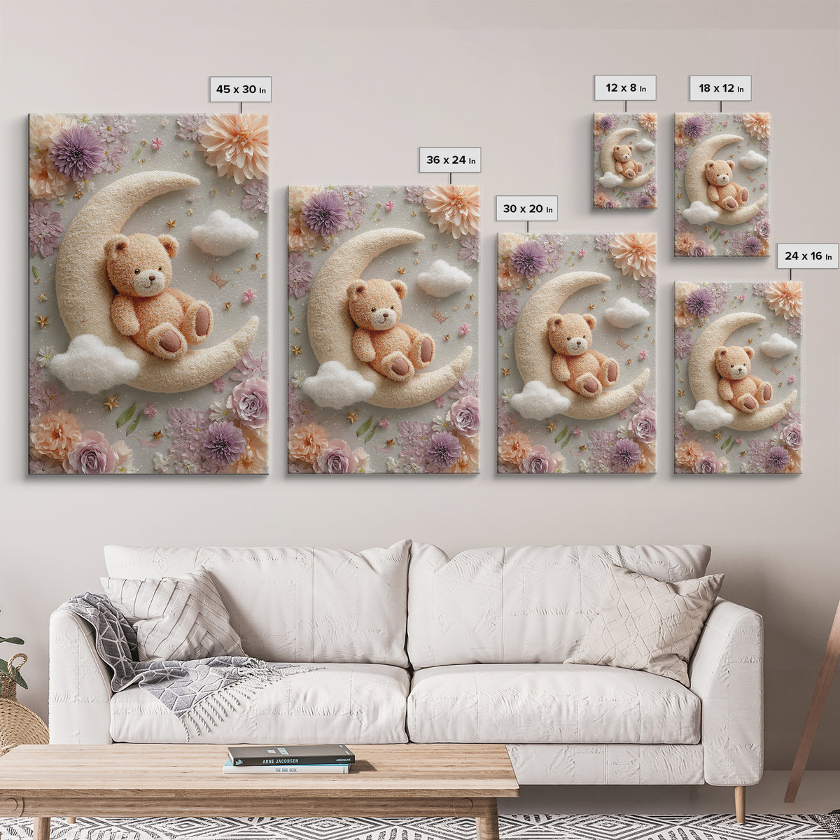Baby Bear Floating on a Crescent Moon Canvas Print, Nursery Art, Luxury Decor, Nursery Decor, Oil Painting, Nursery, NUR-2x3-14