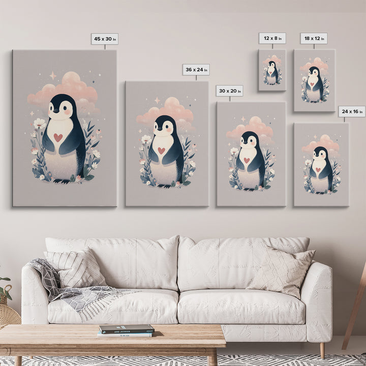 Penguin Holding a Little Heart Shape Framed Canvas Print, Nursery Art, Room Decor, Nursery Decor, Abstract Art, Nursery, NUR-2x3-18