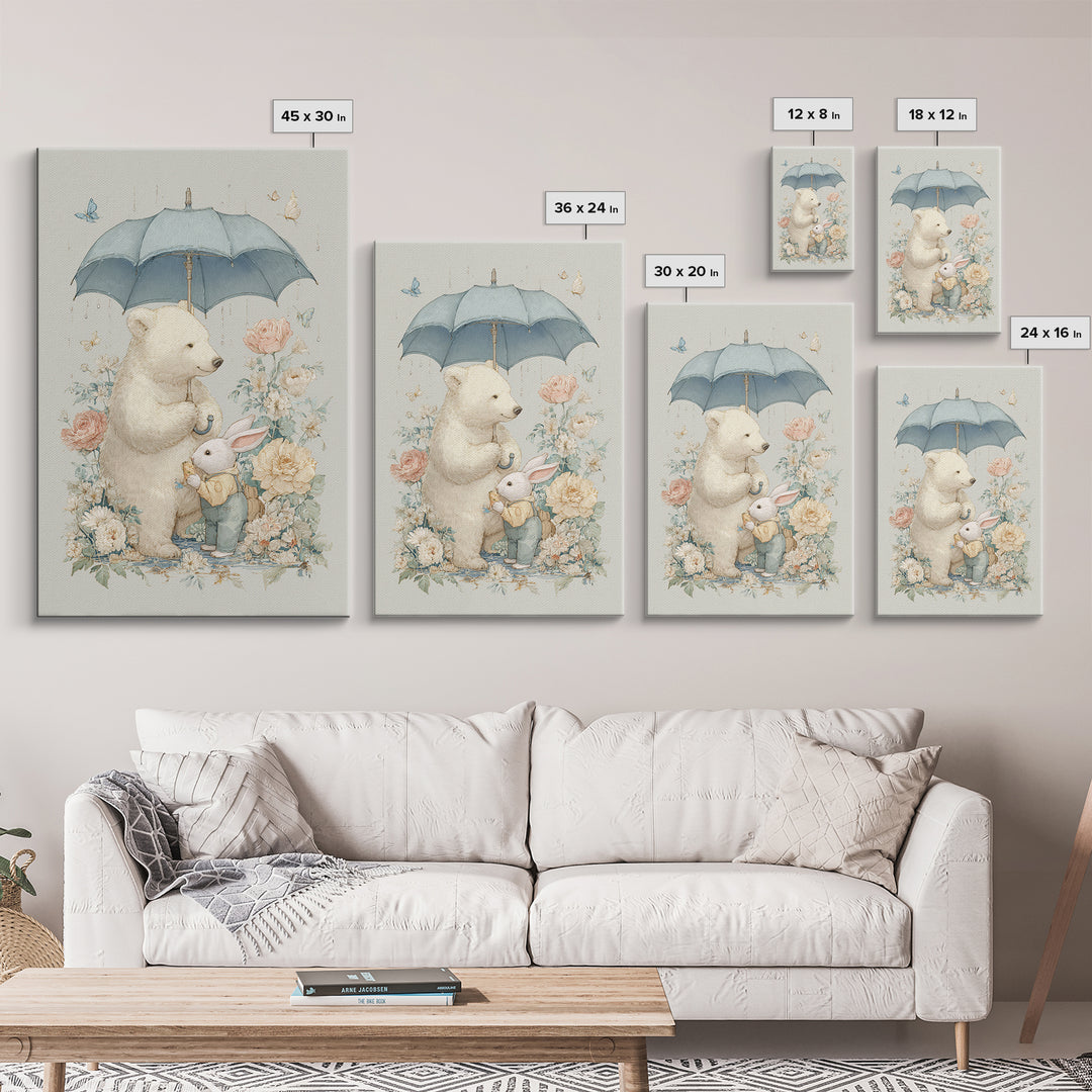 Bear and Rabbit Sharing Umbrella Framed Canvas Print, Nursery Art, Wall Art, Nursery Decor, Fine Art, Nursery, Nursery Prints, NUR-2x3-25