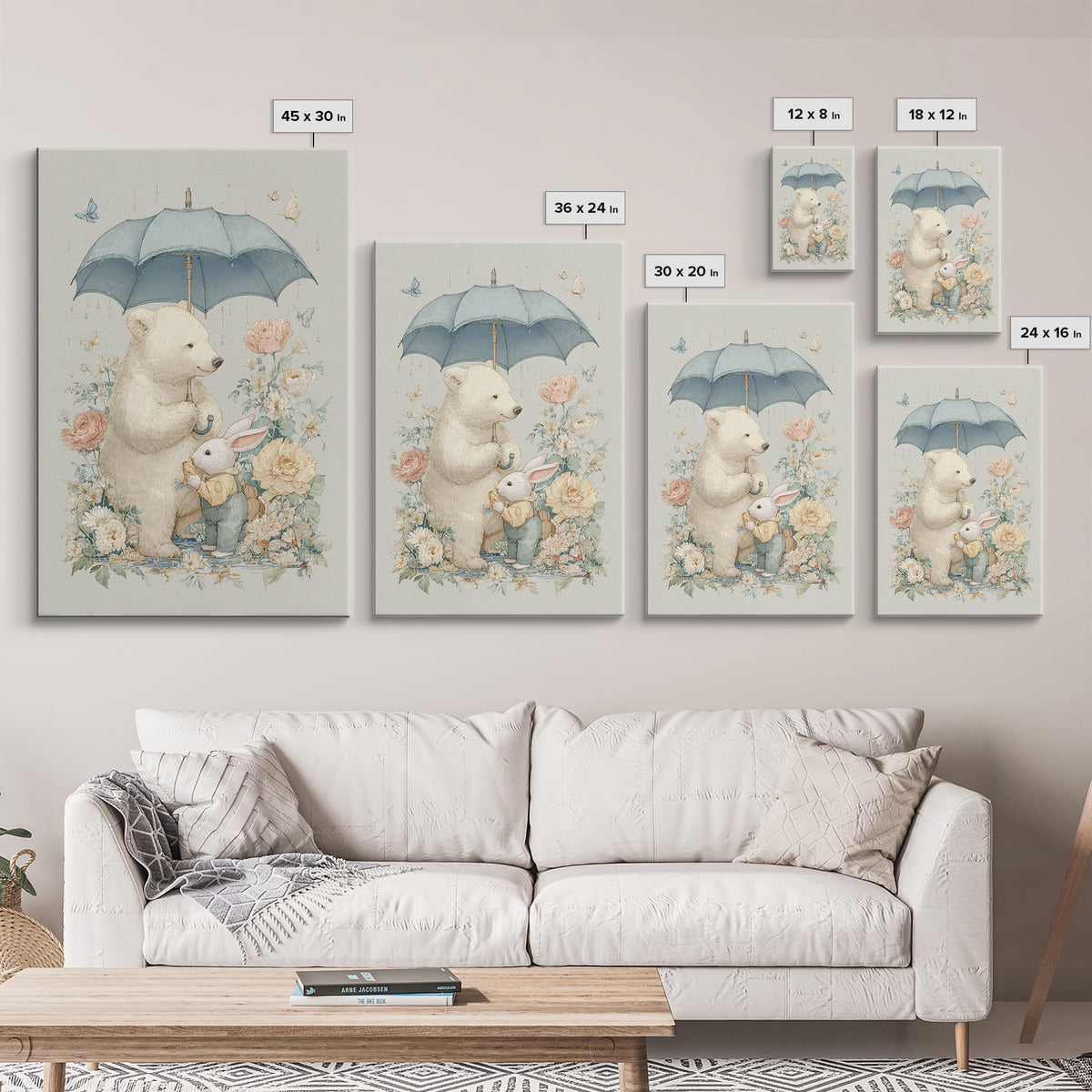 Bear and Rabbit Sharing Umbrella Framed Canvas Print, Nursery Art, Wall Art, Nursery Decor, Fine Art, Nursery, Nursery Prints, NUR-2x3-25