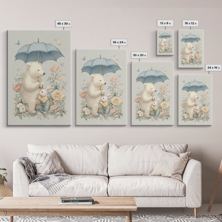 Bear and Rabbit Sharing Umbrella Framed Canvas Print, Nursery Art, Wall Art, Nursery Decor, Fine Art, Nursery, Nursery Prints, NUR-2x3-25