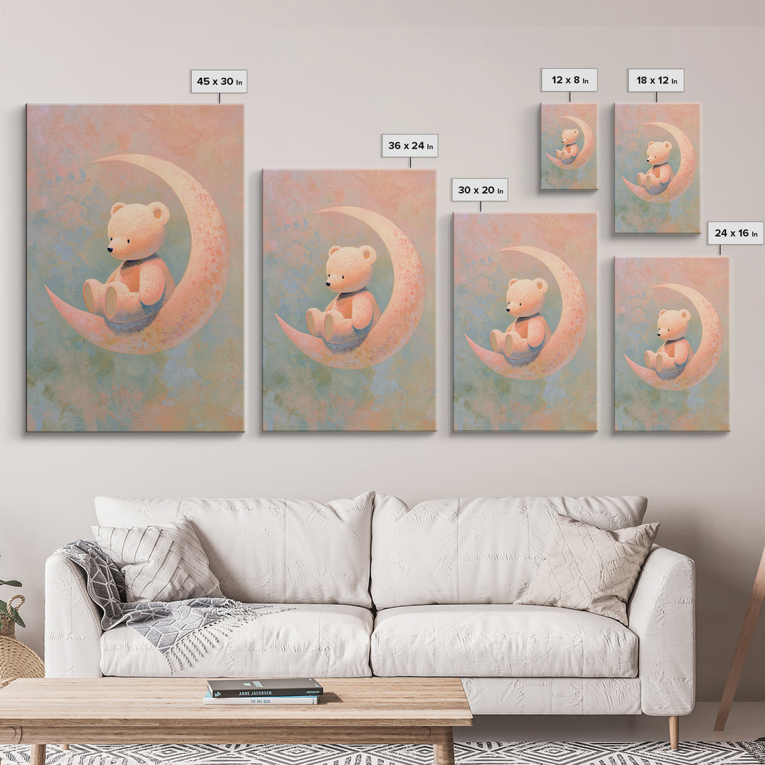 Baby Bear Floating on a Crescent Moon Framed Canvas Print, Nursery Art, Wall Art, Nursery Decor, Nursery, Nursery Prints, NUR-2x3-38