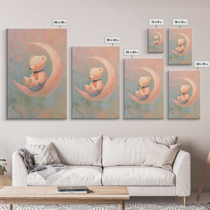 Baby Bear Floating on a Crescent Moon Framed Canvas Print, Nursery Art, Wall Art, Nursery Decor, Nursery, Nursery Prints, NUR-2x3-38