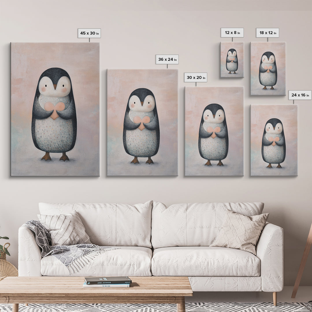 Penguin Holding a Little Heart Shape Framed Canvas Print, Nursery Art, Room Decor, Nursery Decor, Abstract Art, Nursery, NUR-2x3-42