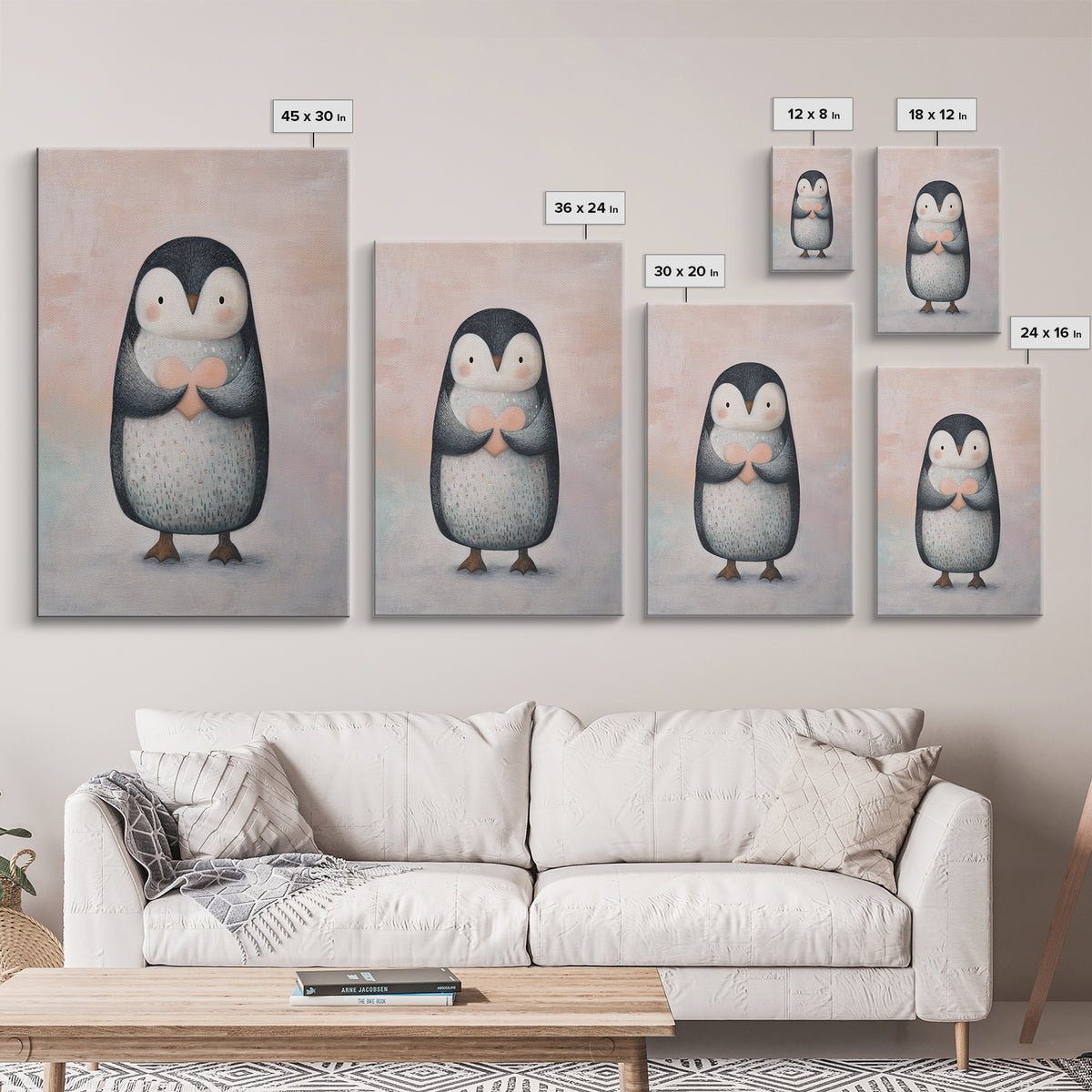 Penguin Holding a Little Heart Shape Framed Canvas Print, Nursery Art, Room Decor, Nursery Decor, Abstract Art, Nursery, NUR-2x3-42