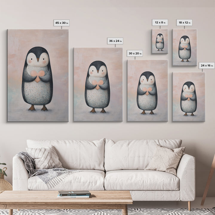 Penguin Holding a Little Heart Shape Framed Canvas Print, Nursery Art, Room Decor, Nursery Decor, Abstract Art, Nursery, NUR-2x3-42