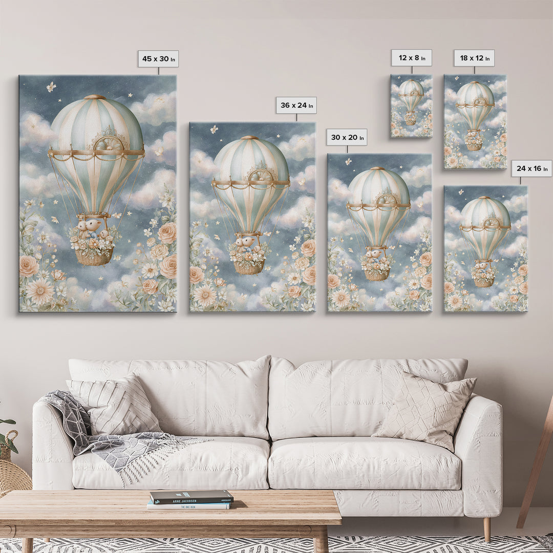 Floating Hot Air Balloon Framed Canvas Print, Nursery Art, Woodland Nursery Art, Nursery Decor, Watercolor Art, Nursery, NUR-2x3-44