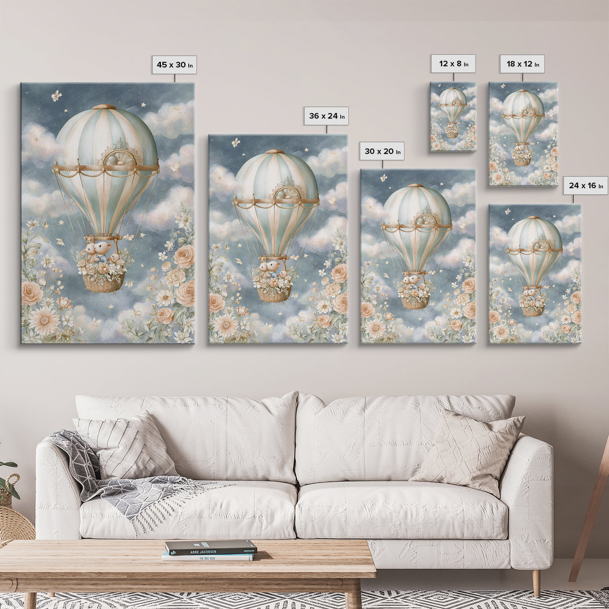 Floating Hot Air Balloon Framed Canvas Print, Nursery Art, Woodland Nursery Art, Nursery Decor, Watercolor Art, Nursery, NUR-2x3-44