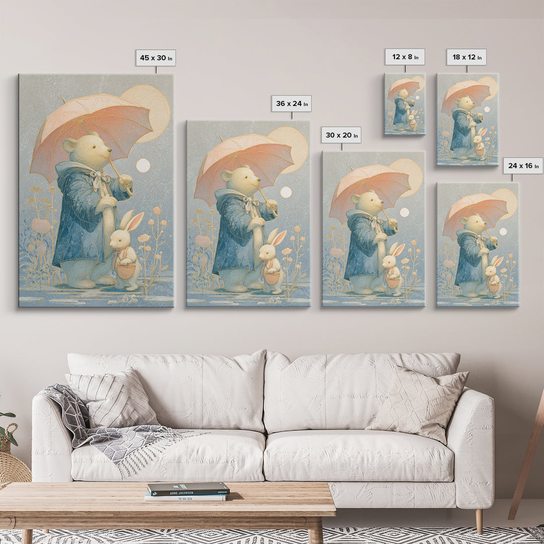 Bear and Rabbit Sharing Umbrella Canvas Print, Nursery Art, Nursery Decor, Fine Art, Nursery, Kids Wall Art, Woodland Nursery, NUR-2x3-49