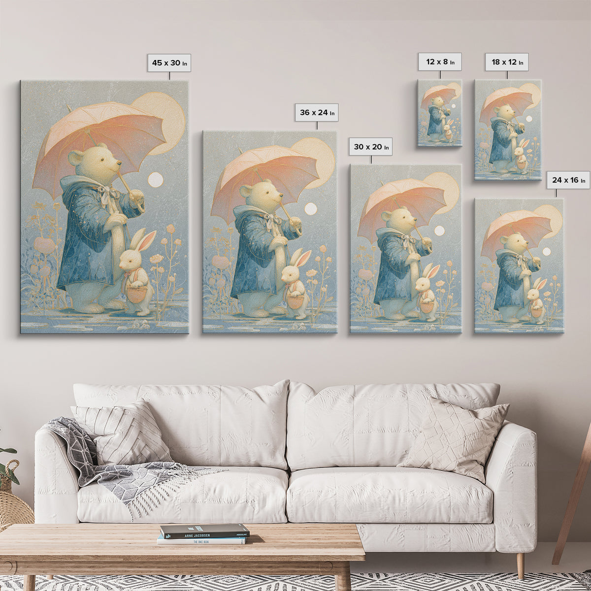 Bear and Rabbit Sharing Umbrella Canvas Print, Nursery Art, Nursery Decor, Fine Art, Nursery, Kids Wall Art, Woodland Nursery, NUR-2x3-49
