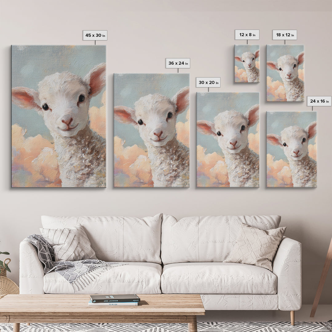Little Lamb under a Starry Sky Framed Canvas Print, Nursery Art, Room Decor, Nursery Decor, Oil Painting, Nursery, NUR-2x3-51