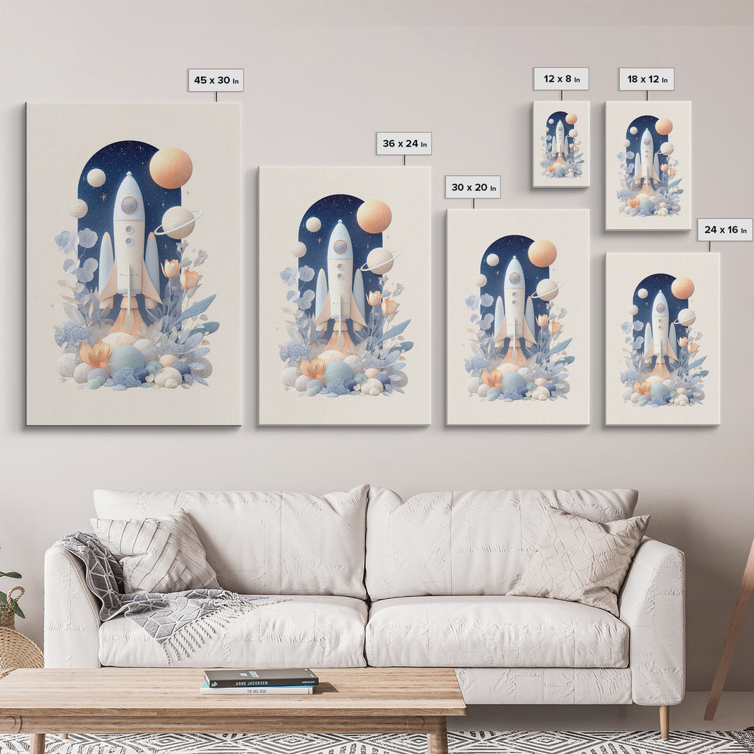 Rocket Ship and Smiling Planets Framed Canvas Print, Nursery Art, Nursery Wall Art, Nursery Decor, Oil Painting, Nursery, NUR-2x3-53
