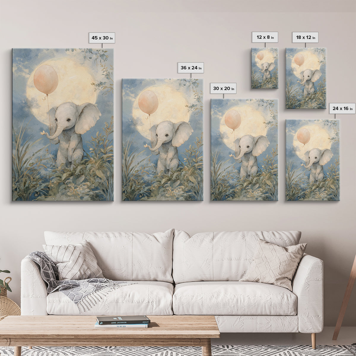 Sleepy Baby Elephant Holding a Tiny Balloon Canvas Print, Nursery Art, Playroom Decor, Nursery Decor, Oil Painting, Nursery, NUR-2x3-57