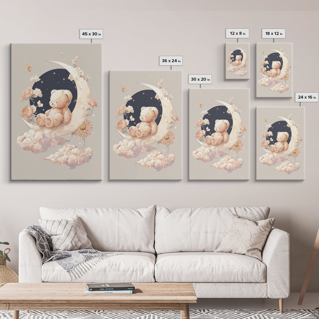 Baby Bear Floating on a Crescent Moon Canvas Print, Nursery Art, Nursery Decor, Abstract Art, Nursery, Kids Wall Art, NUR-2x3-62