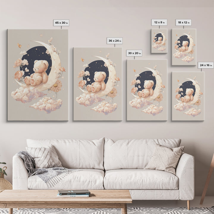 Baby Bear Floating on a Crescent Moon Canvas Print, Nursery Art, Nursery Decor, Abstract Art, Nursery, Kids Wall Art, NUR-2x3-62