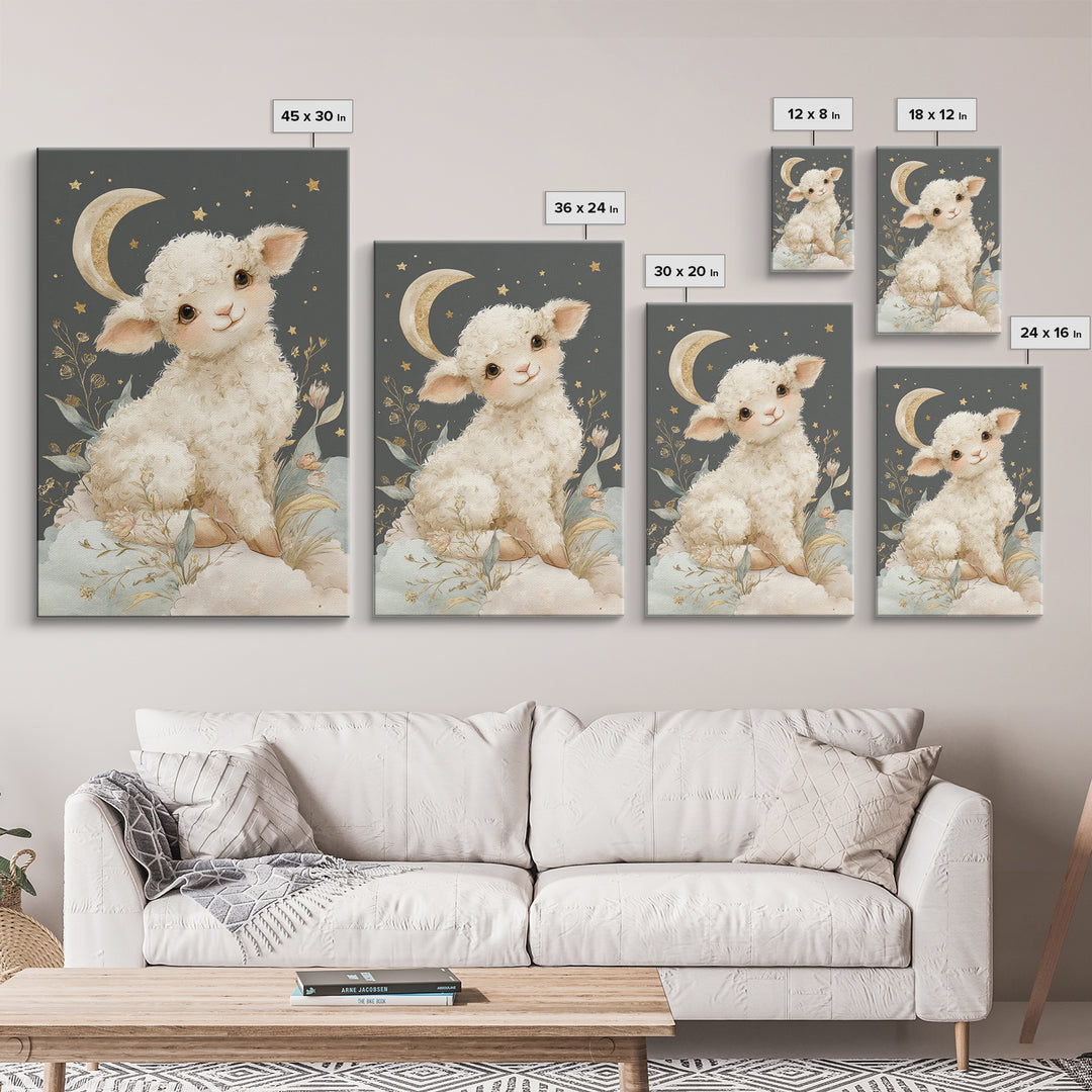 Little Lamb under a Starry Sky Framed Canvas Print, Nursery Art, Nursery Wall Art, Nursery Decor, Nursery, Woodland Nursery, NUR-2x3-75