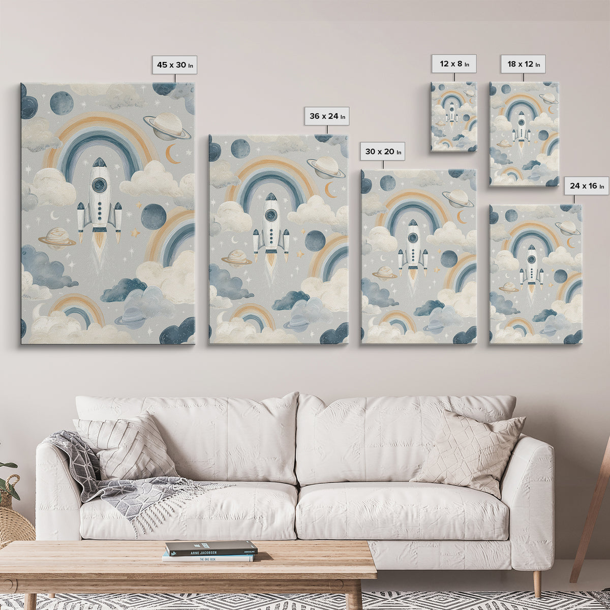 Rocket Ship and Smiling Planets Canvas Print, Nursery Art, Nursery Prints, Nursery Decor, Fine Art, Nursery, Kids Wall Decor, NUR-2x3-77