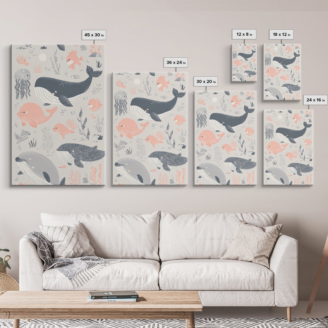 Friendly Ocean Creatures Framed Canvas Print, Nursery Art, Contemporary Art, Nursery Decor, Fine Art, Nursery, Nursery Prints, NUR-2x3-80