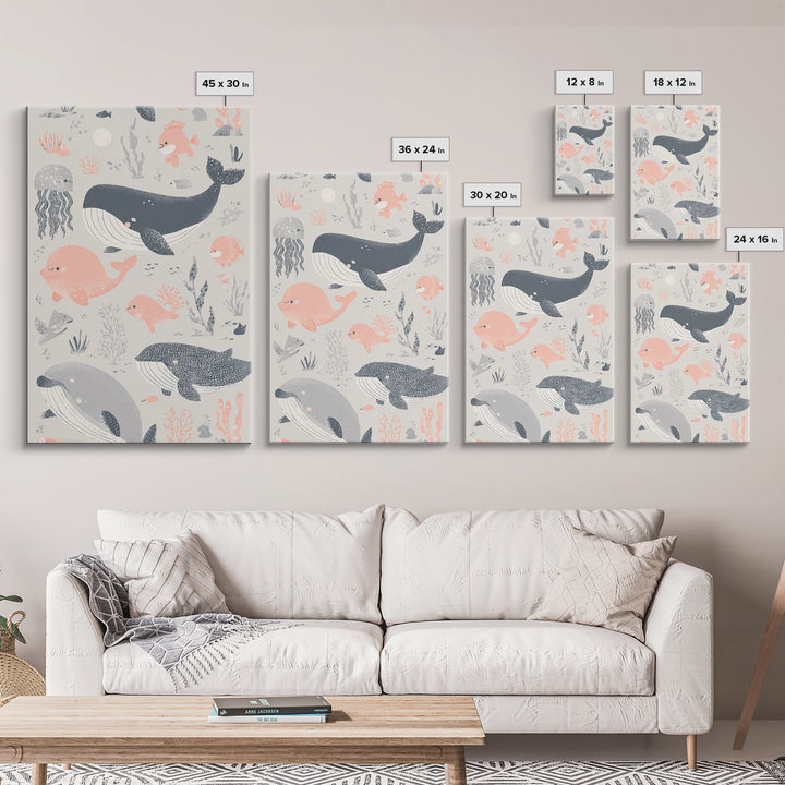 Friendly Ocean Creatures Framed Canvas Print, Nursery Art, Contemporary Art, Nursery Decor, Fine Art, Nursery, Nursery Prints, NUR-2x3-80