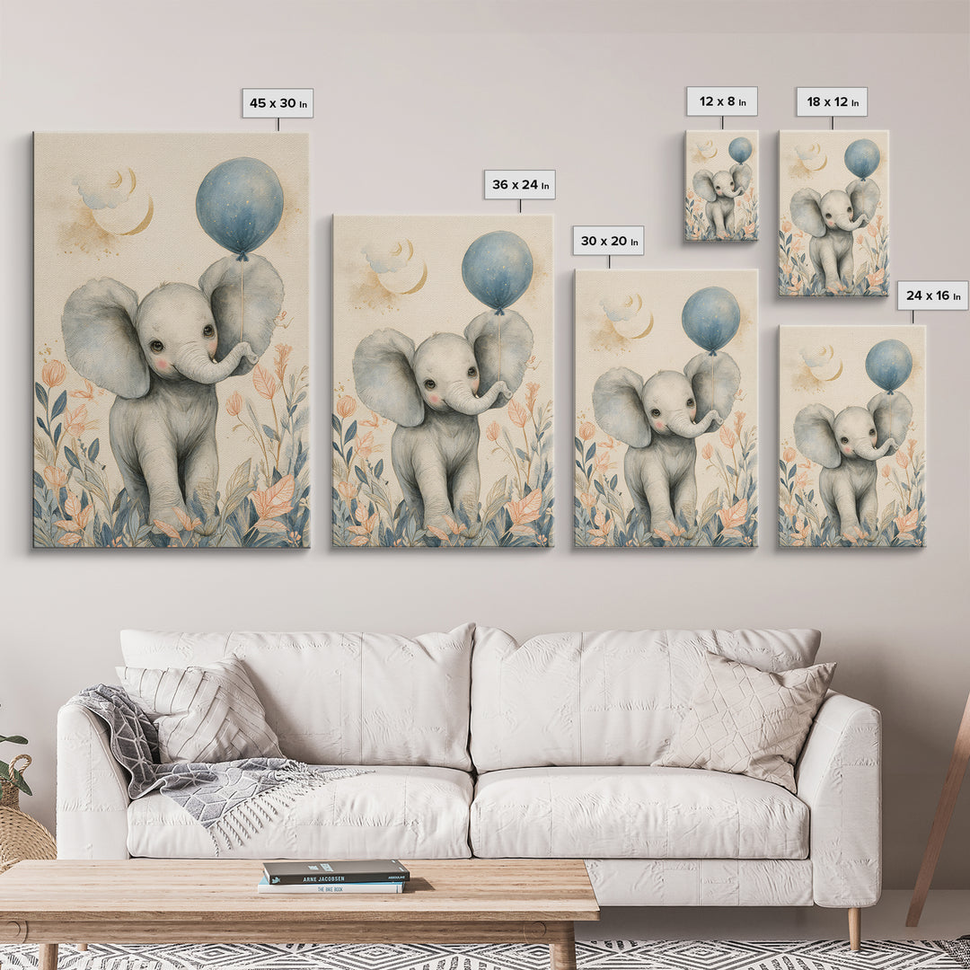 Sleepy Baby Elephant Holding a Tiny Balloon Canvas Print, Nursery Art, Playroom Decor, Nursery Decor, Oil Painting, Nursery, NUR-2x3-81