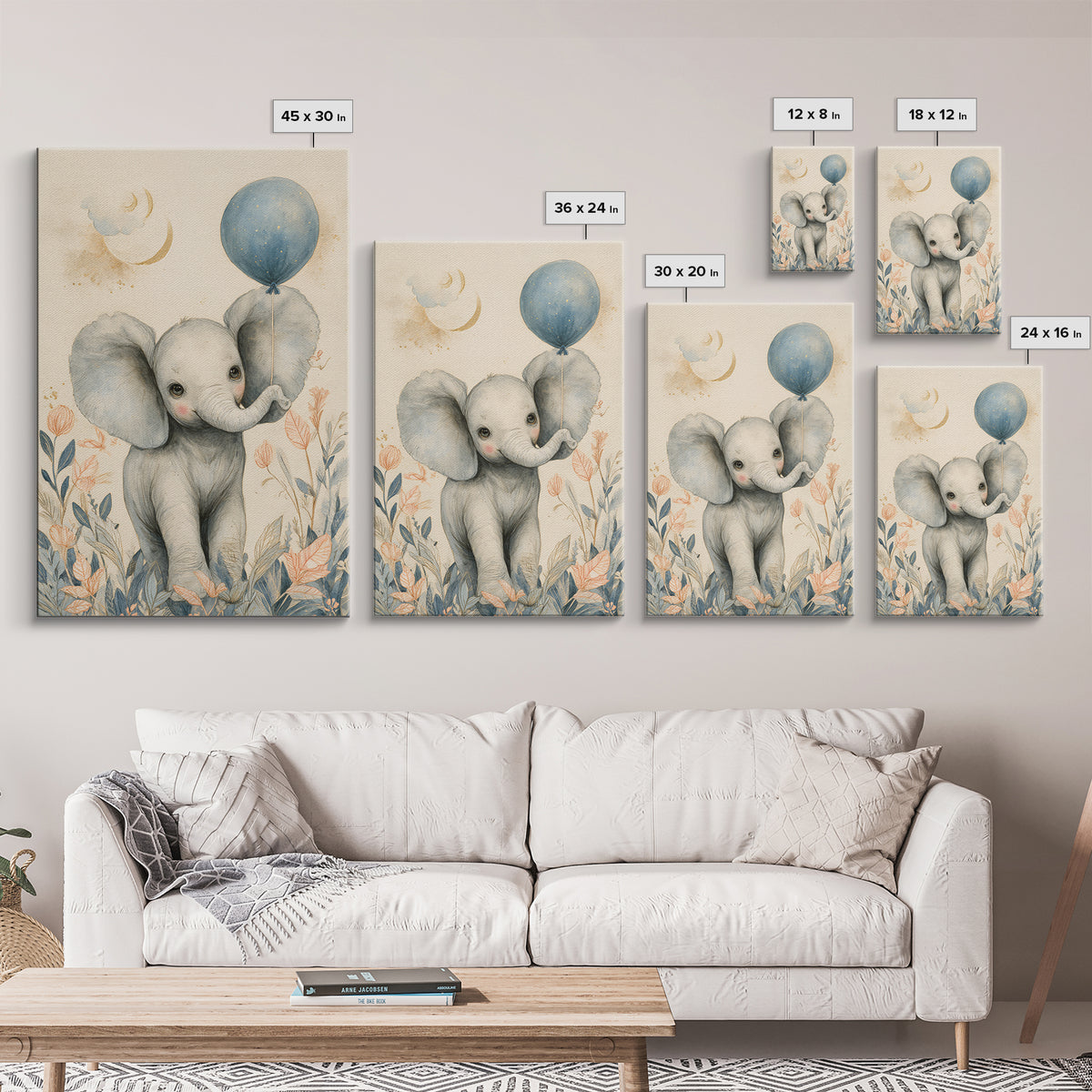 Sleepy Baby Elephant Holding a Tiny Balloon Canvas Print, Nursery Art, Playroom Decor, Nursery Decor, Oil Painting, Nursery, NUR-2x3-81