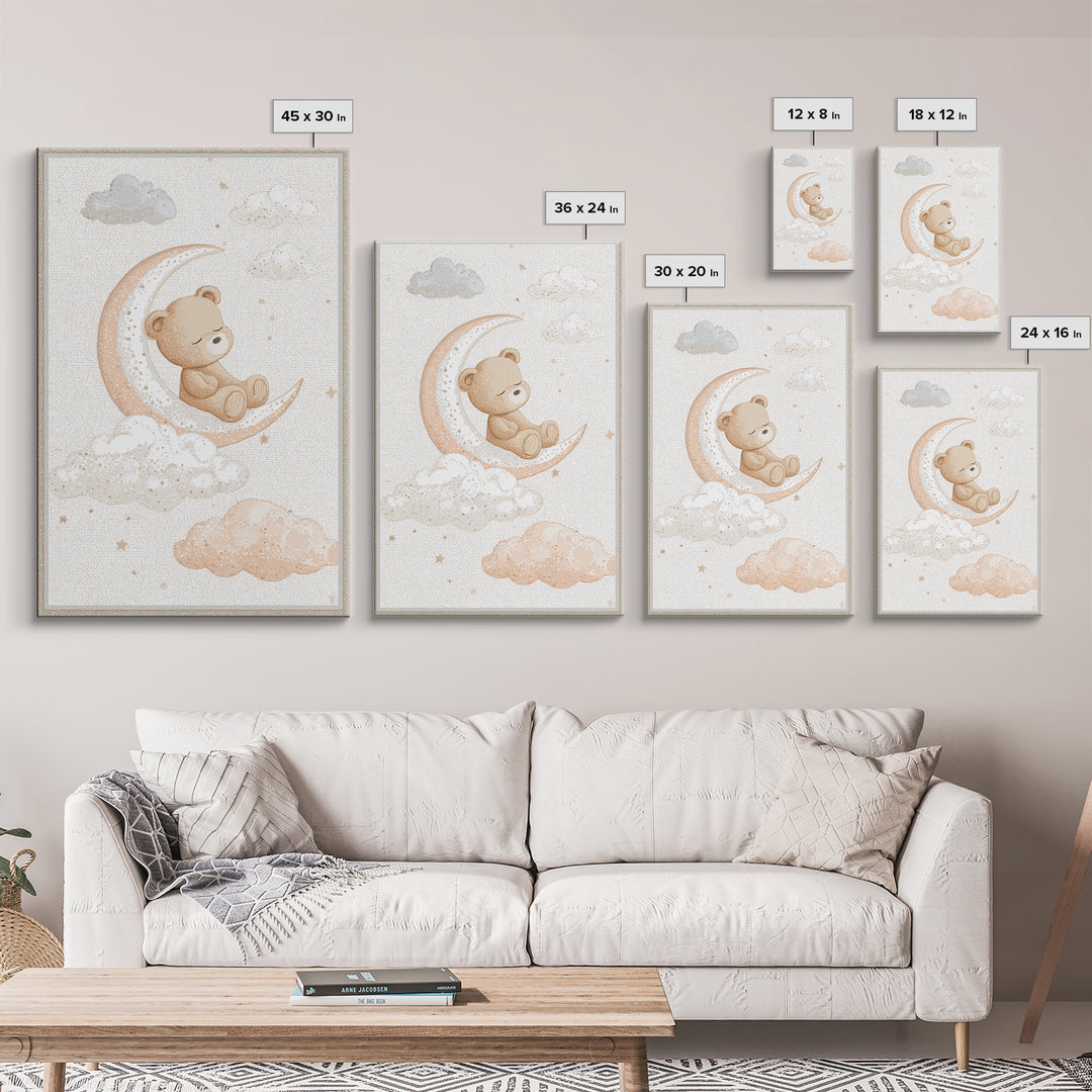 Baby Bear Floating on a Crescent Moon Canvas Print, Nursery Art, Nursery Decor, Abstract Art, Nursery, Kids Wall Art, NUR-2x3-86