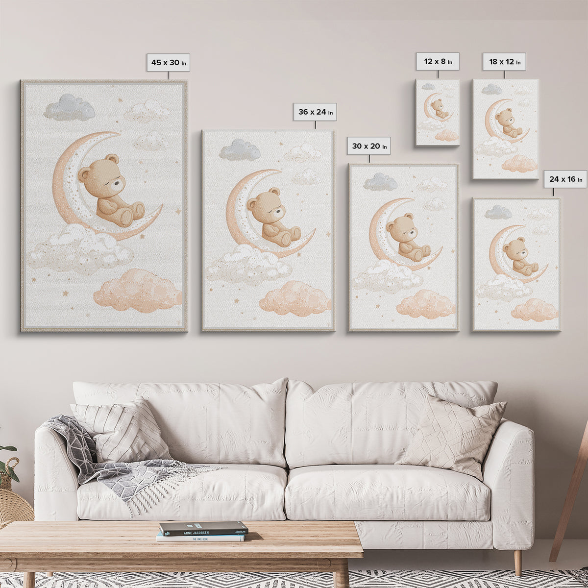 Baby Bear Floating on a Crescent Moon Canvas Print, Nursery Art, Nursery Decor, Abstract Art, Nursery, Kids Wall Art, NUR-2x3-86