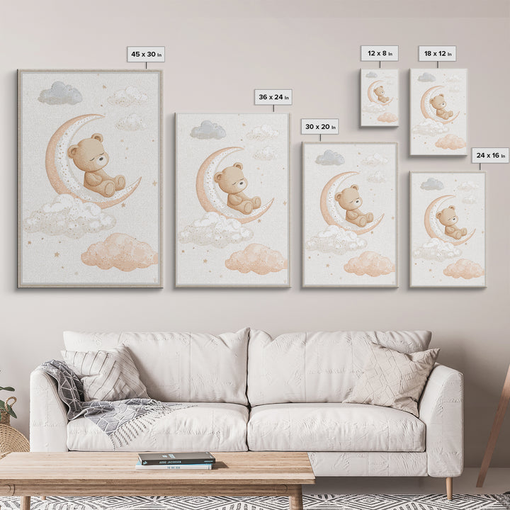 Baby Bear Floating on a Crescent Moon Canvas Print, Nursery Art, Nursery Decor, Abstract Art, Nursery, Kids Wall Art, NUR-2x3-86