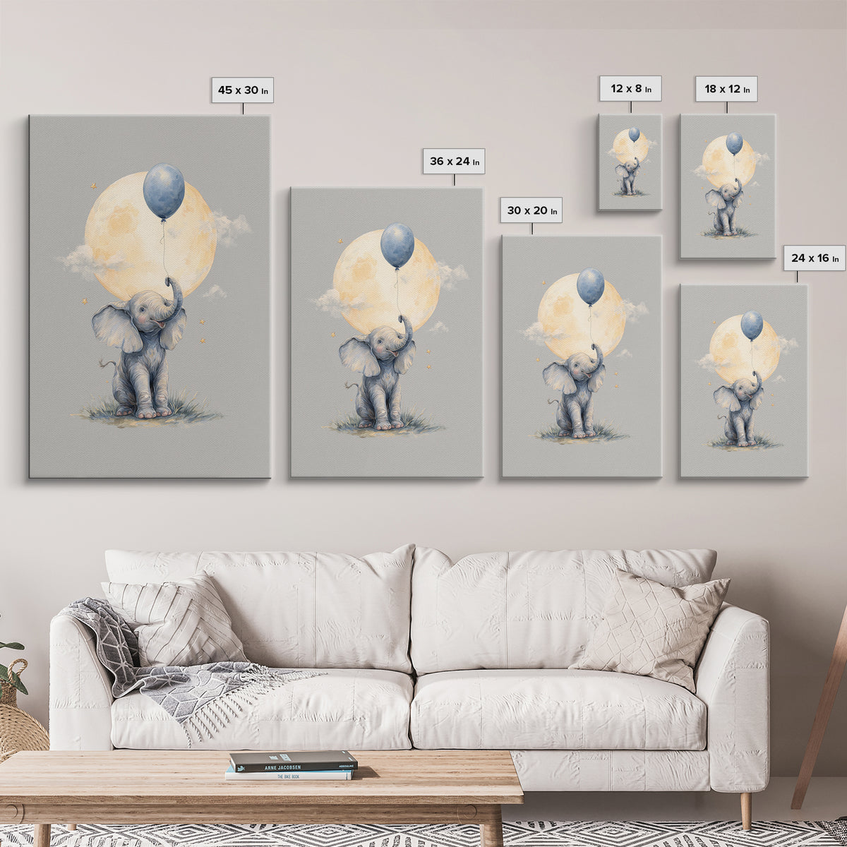 Sleepy Baby Elephant Holding a Tiny Balloon Canvas Print, Nursery Art, Art Print, Nursery Decor, Nursery 409, Wall Art Set of, NUR-2x3-9