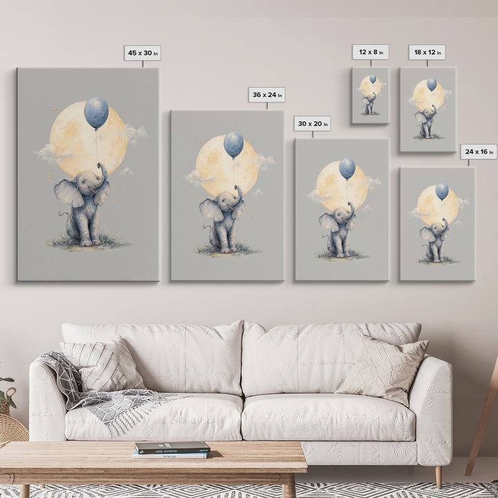 Sleepy Baby Elephant Holding a Tiny Balloon Canvas Print, Nursery Art, Art Print, Nursery Decor, Nursery 409, Wall Art Set of, NUR-2x3-9