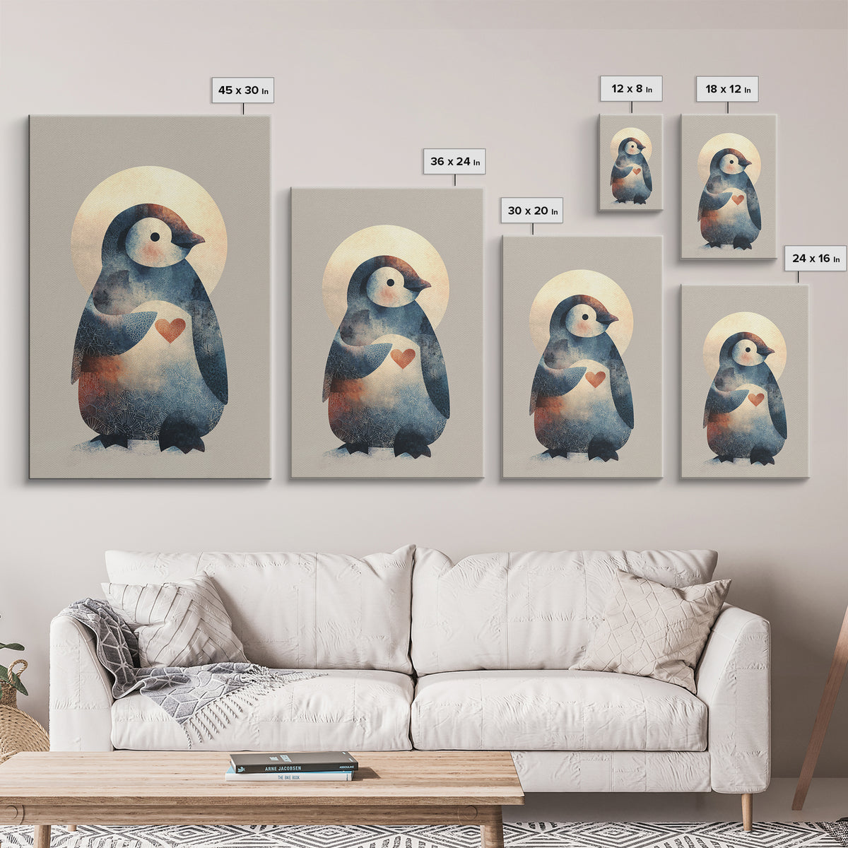 Penguin Holding a Little Heart Shape Framed Canvas Print, Nursery Art, Nursery Wall Art, Nursery Decor, Fine Art, Nursery, NUR-2x3-90