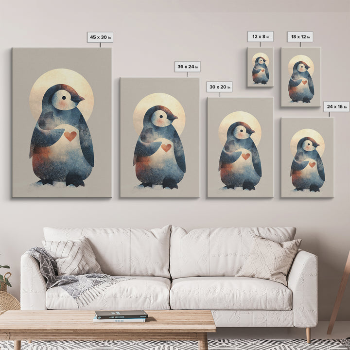 Penguin Holding a Little Heart Shape Framed Canvas Print, Nursery Art, Nursery Wall Art, Nursery Decor, Fine Art, Nursery, NUR-2x3-90