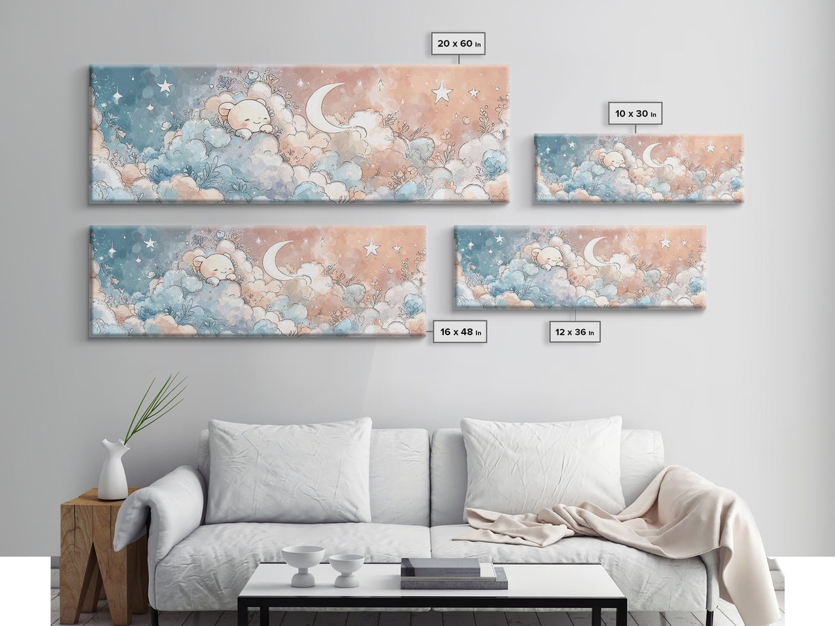 Moon and Stars Canvas Print, Nursery Art, Fine Art Print, Nursery Decor, Watercolor Art, Nursery, Digital Art, NUR-3x1-19