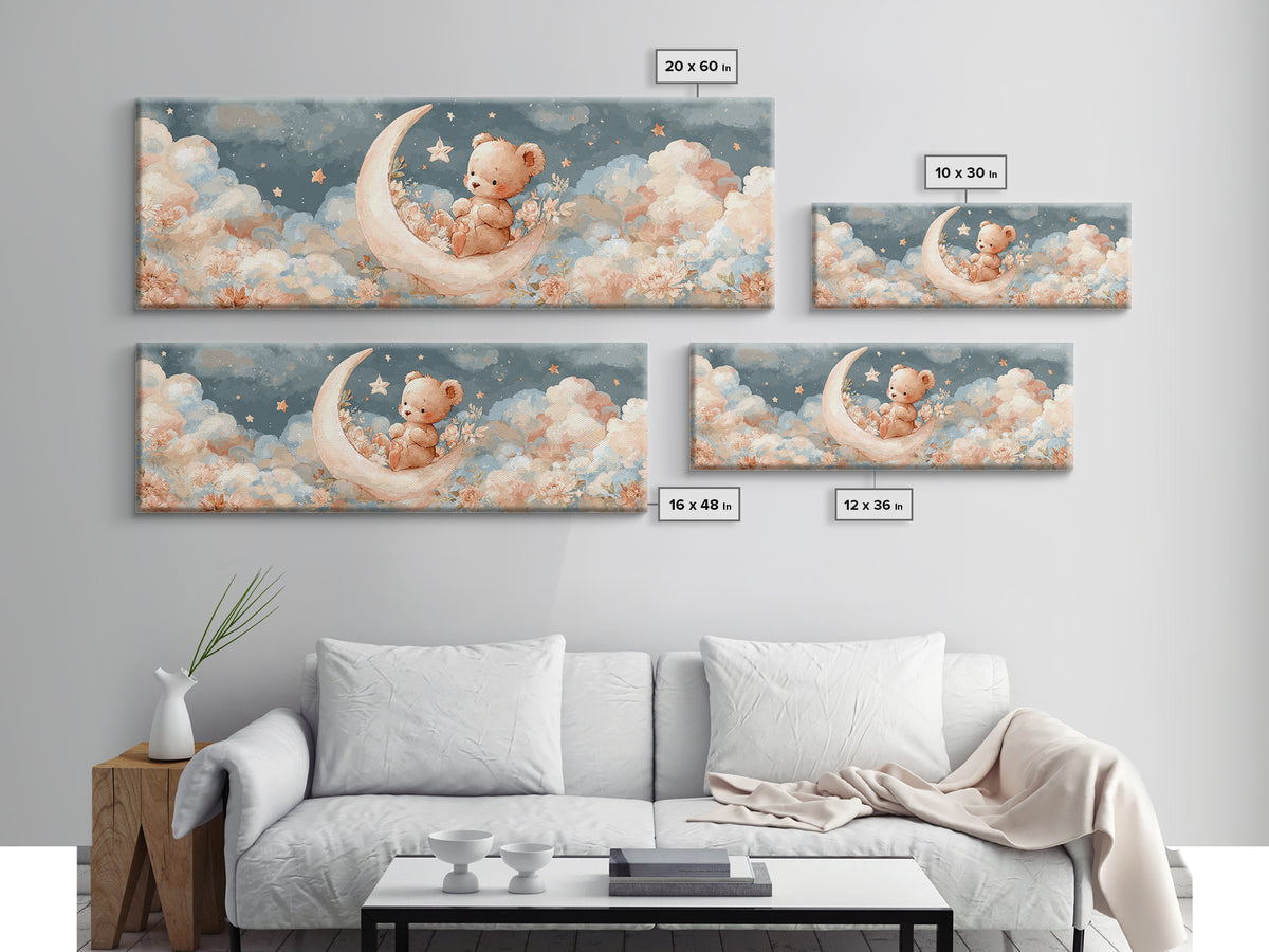 Baby Bear Floating on a Crescent Moon Canvas Print, Nursery Art, Boho Decor, Nursery Decor, Abstract Art, Nursery, NUR-3x1-22
