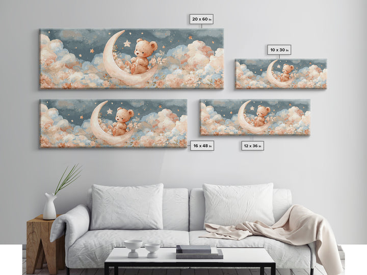 Baby Bear Floating on a Crescent Moon Canvas Print, Nursery Art, Boho Decor, Nursery Decor, Abstract Art, Nursery, NUR-3x1-22