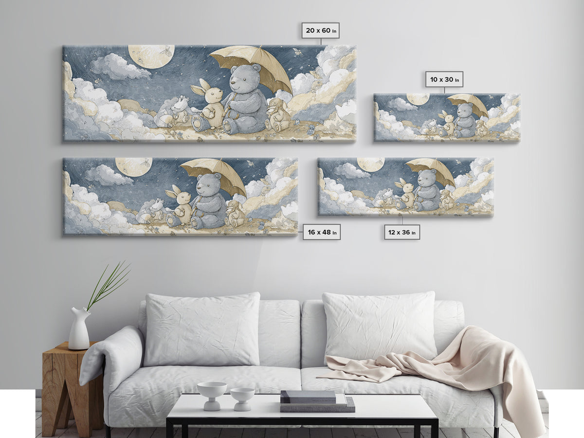 Bear and Rabbit Sharing Umbrella Canvas Print, Nursery Art, Girl Nursery Decor, Nursery Decor, Fine Art, Nursery, Kids Room Art, NUR-3x1-33