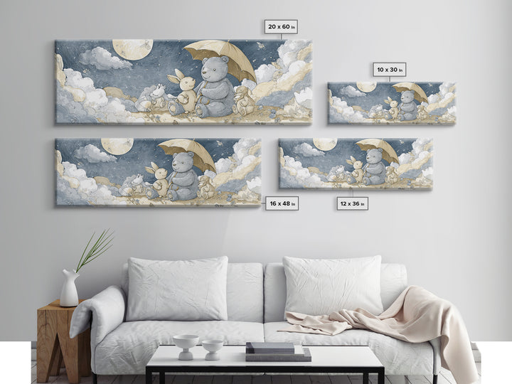 Bear and Rabbit Sharing Umbrella Canvas Print, Nursery Art, Girl Nursery Decor, Nursery Decor, Fine Art, Nursery, Kids Room Art, NUR-3x1-33