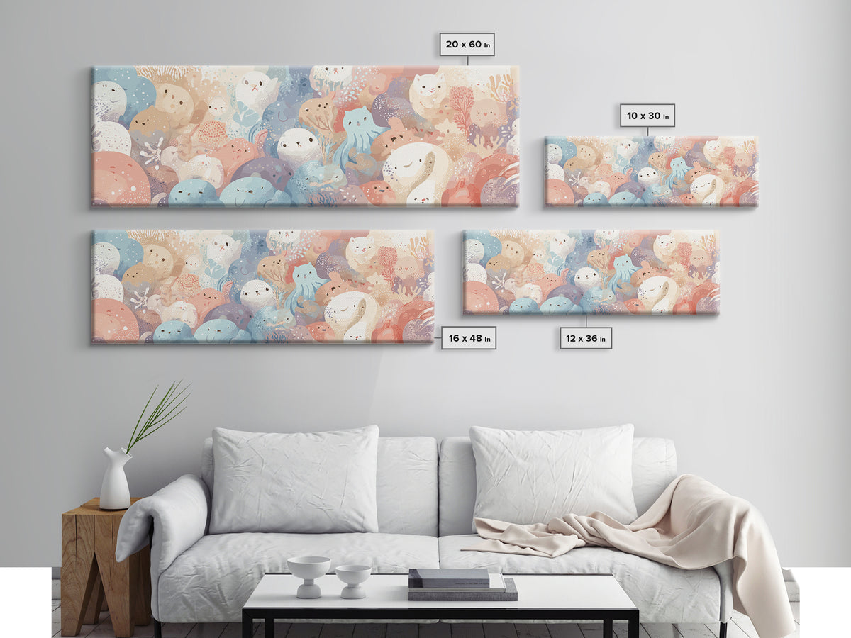 Friendly Ocean Creatures Canvas Print, Nursery Art, Home Decor, Nursery Decor, Oil Painting, Nursery, Contemporary Art, NUR-3x1-40