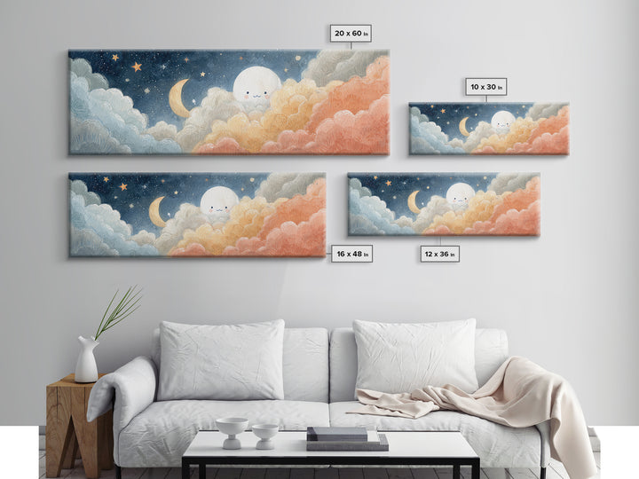 Moon and Stars Canvas Print, Nursery Art, Art Print, Nursery Decor, Fine Art, Nursery 243, Wall Art Set of, Girl Nursery Decor, NUR-3x1-43