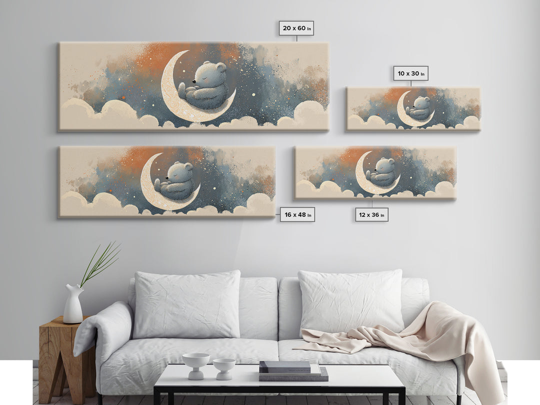 Baby Bear Floating on a Crescent Moon Canvas Print, Nursery Art, Girl Nursery Decor, Nursery Decor, Fine Art, Nursery, NUR-3x1-46