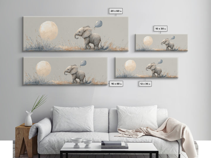 Sleepy Baby Elephant Holding a Tiny Balloon Canvas Print, Nursery Art, Playroom Wall Art, Nursery Decor, Watercolor Art, NUR-3x1-65