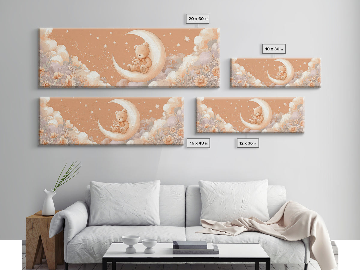 Baby Bear Floating on a Crescent Moon Canvas Print, Nursery Art, Luxury Decor, Nursery Decor, Oil Painting, Nursery, NUR-3x1-70