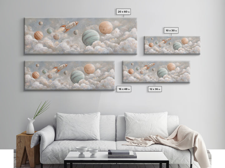 Rocket Ship and Smiling Planets Canvas Print, Nursery Art, Baby Girl Nursery, Nursery Decor, Oil Painting, Nursery, NUR-3x1-85