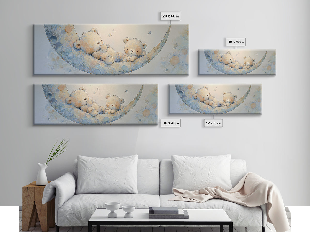 Baby Bear Floating on a Crescent Moon Canvas Print, Nursery Art, Digital Download Art, Nursery Decor, Watercolor Art, Nursery, NUR-3x1-94